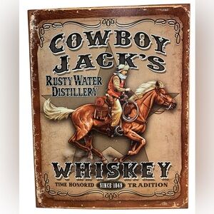 COWBOY JACK’S RUSTY WATER DISTILLERY Tin Metal Sign WHISKEY Barware Cowboy Horse
